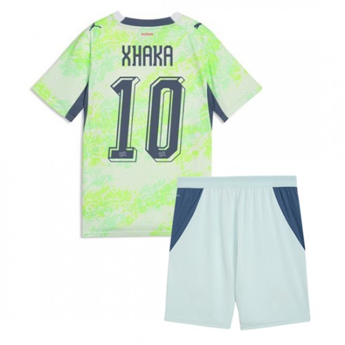 Stroje piłkarskie Szwajcaria Granit Xhaka #10 Koszulka Wyjazdowej dla dzieci MŚ 2026 Krótki Rękaw (+ szorty)